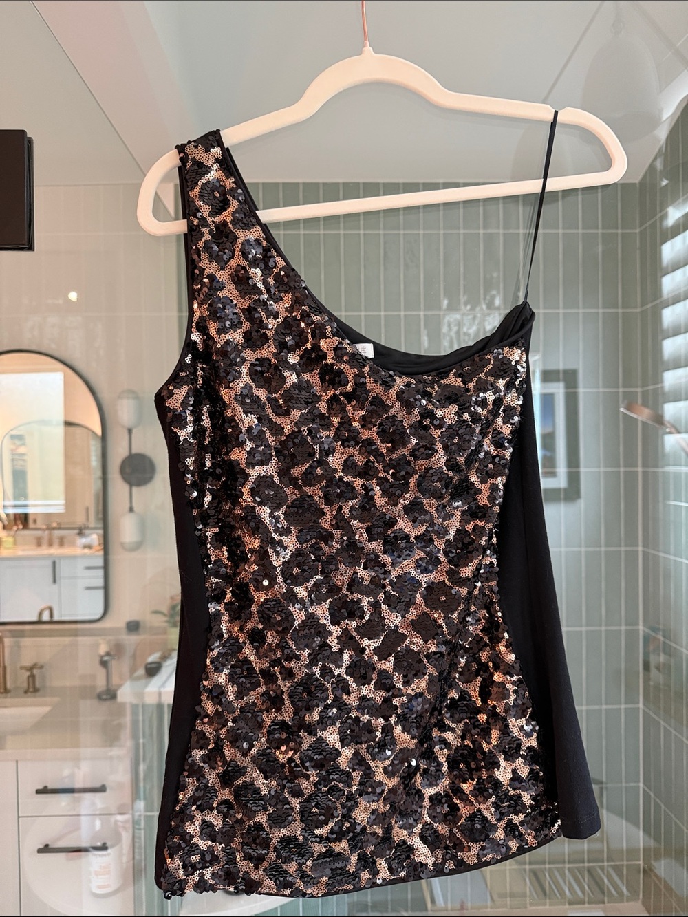 Cache Black and Gold Sequin One-Shoulder Top
